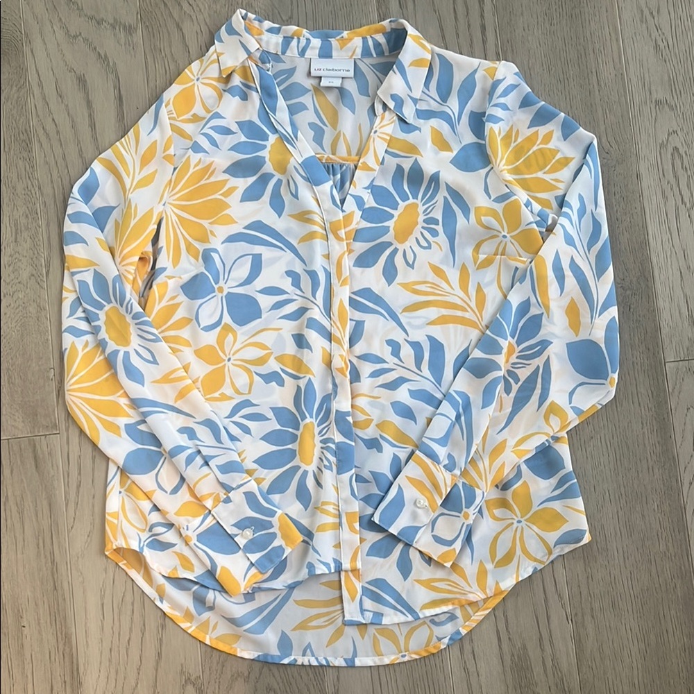 Liz Claiborne Blue Yellow White Floral Button-Up Blouse Long Sleeve Petite S - Picture 2 of 7